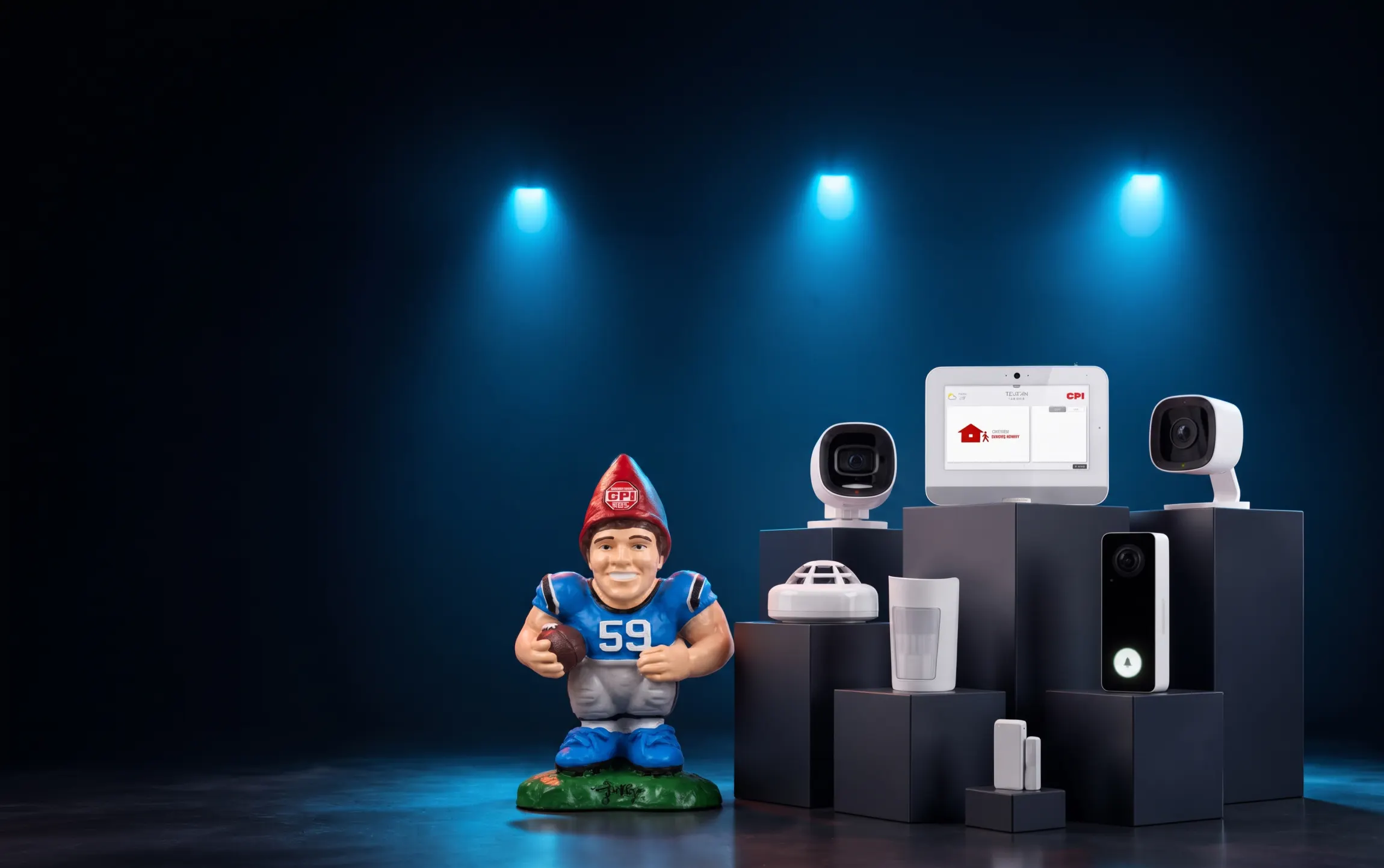 The Luke Kuechly CPI gnome beside CPI's cameras, doorbell, sensors and touchscreen panel